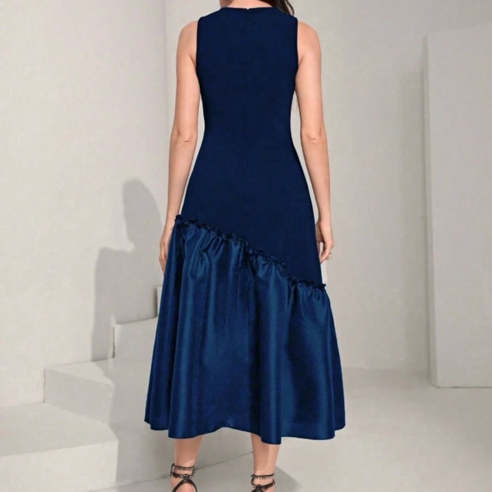 Modelyn Pearls Royal Blue Pearl Neckline Ruffle Hem Midi Dress - Picture 2 of 6